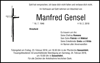Anzeige von Manfred Gensel von MGO
