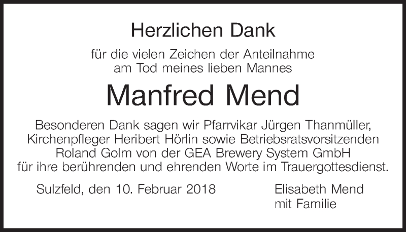  Traueranzeige für Manfred Mend vom 10.02.2018 aus MGO