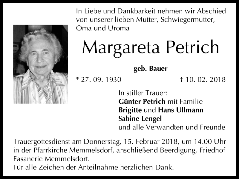  Traueranzeige für Margareta Petrich vom 12.02.2018 aus MGO