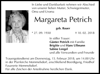 Anzeige von Margareta Petrich von MGO