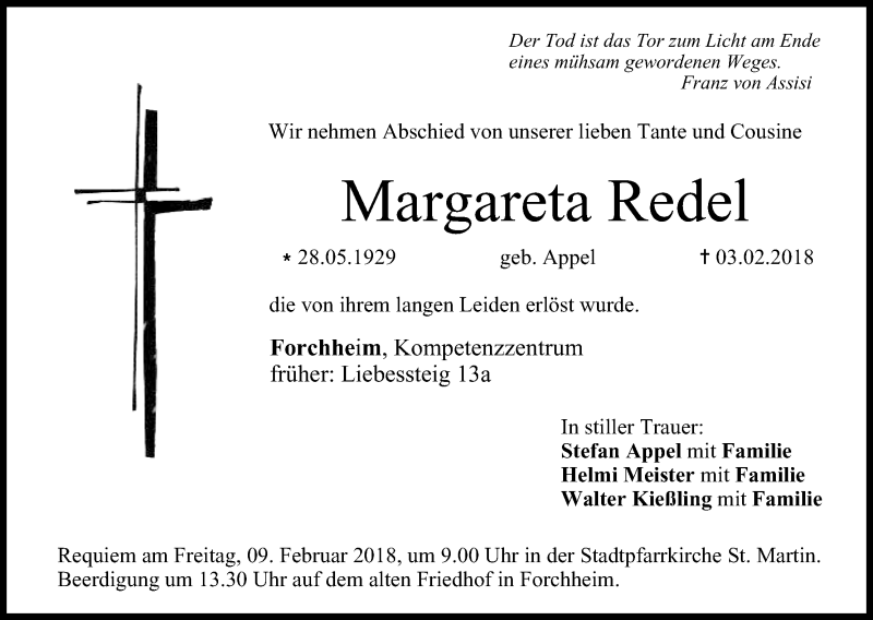  Traueranzeige für Margareta Redel vom 07.02.2018 aus MGO