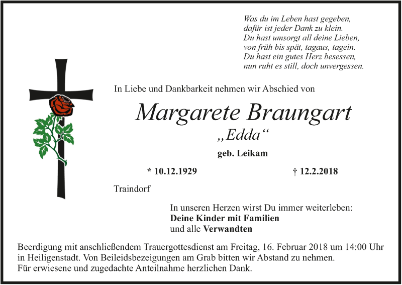  Traueranzeige für Margarete Braungart vom 14.02.2018 aus MGO