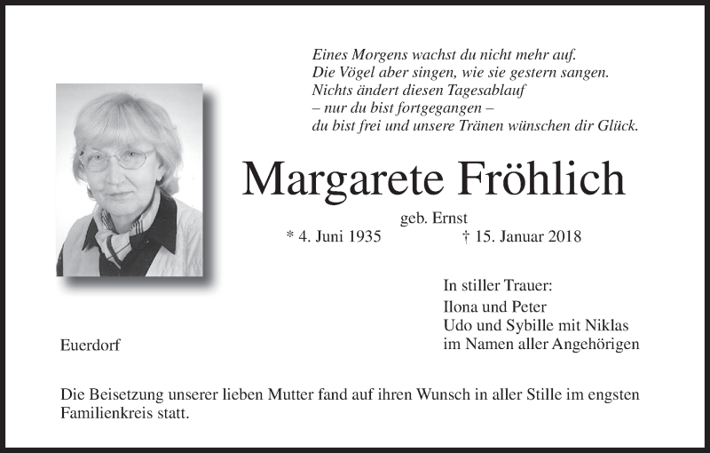  Traueranzeige für Margarete Fröhlich vom 03.02.2018 aus MGO