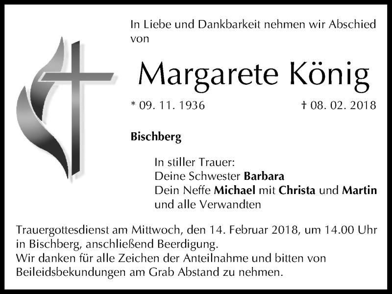  Traueranzeige für Margarete König vom 10.02.2018 aus MGO