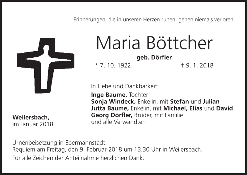  Traueranzeige für Maria Böttcher vom 03.02.2018 aus MGO