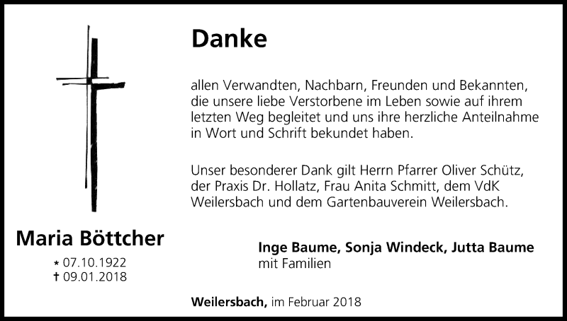  Traueranzeige für Maria Böttcher vom 17.02.2018 aus MGO