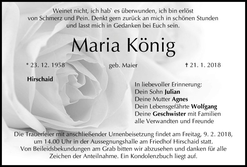  Traueranzeige für Maria König vom 03.02.2018 aus MGO