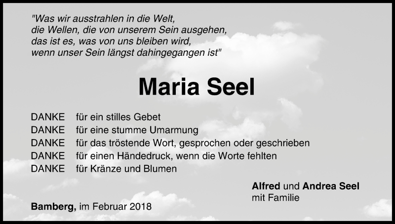 Traueranzeige für Maria Seel vom 24.02.2018 aus MGO