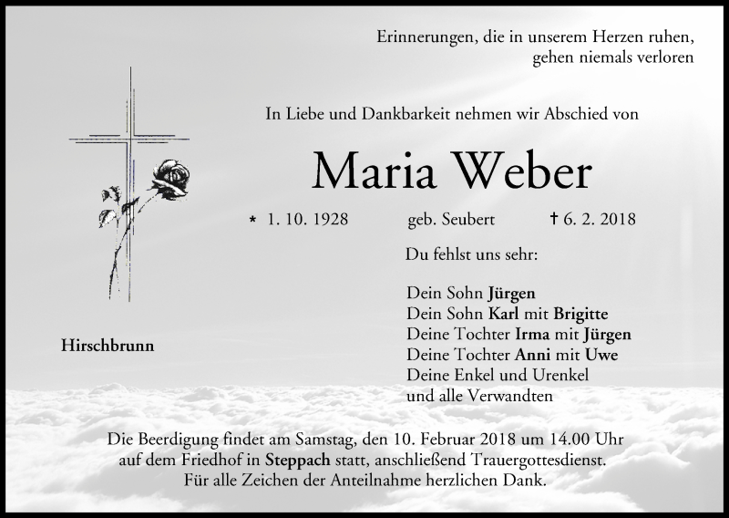  Traueranzeige für Maria Weber vom 08.02.2018 aus MGO