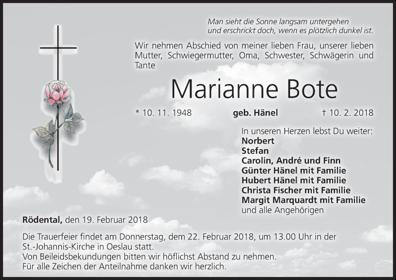  Traueranzeige für Marianne Bote vom 19.02.2018 aus MGO