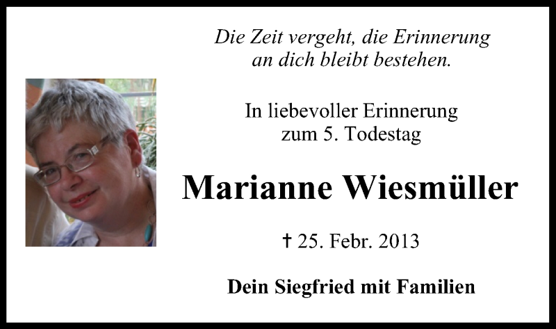  Traueranzeige für Marianne Wiesmüller vom 24.02.2018 aus MGO