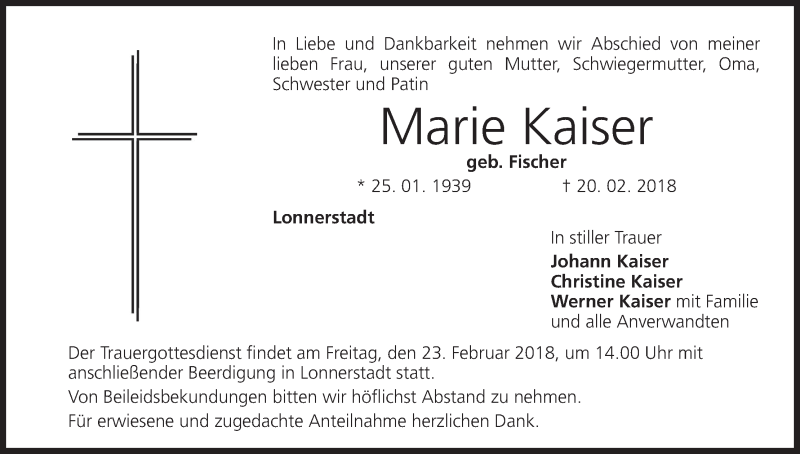  Traueranzeige für Marie Kaiser vom 21.02.2018 aus MGO