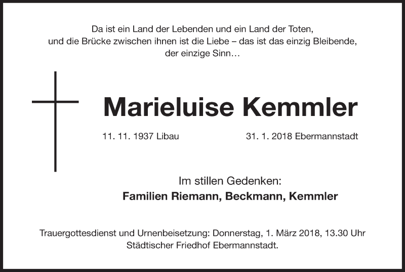  Traueranzeige für Marieluise Kemmler vom 27.02.2018 aus MGO