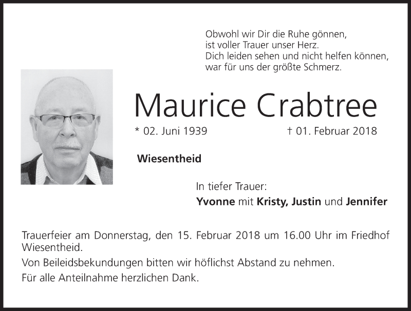  Traueranzeige für Maurice Crabtree vom 12.02.2018 aus MGO