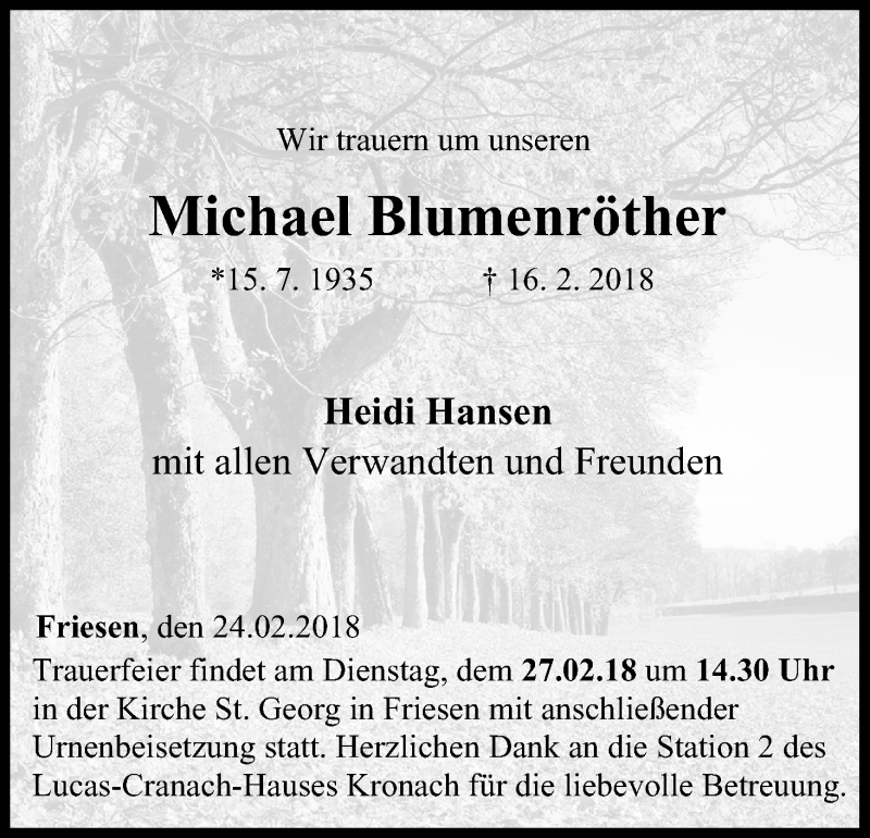  Traueranzeige für Michael Blumenröther vom 24.02.2018 aus MGO