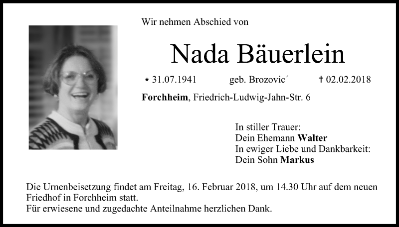  Traueranzeige für Nada Bäuerlein vom 14.02.2018 aus MGO