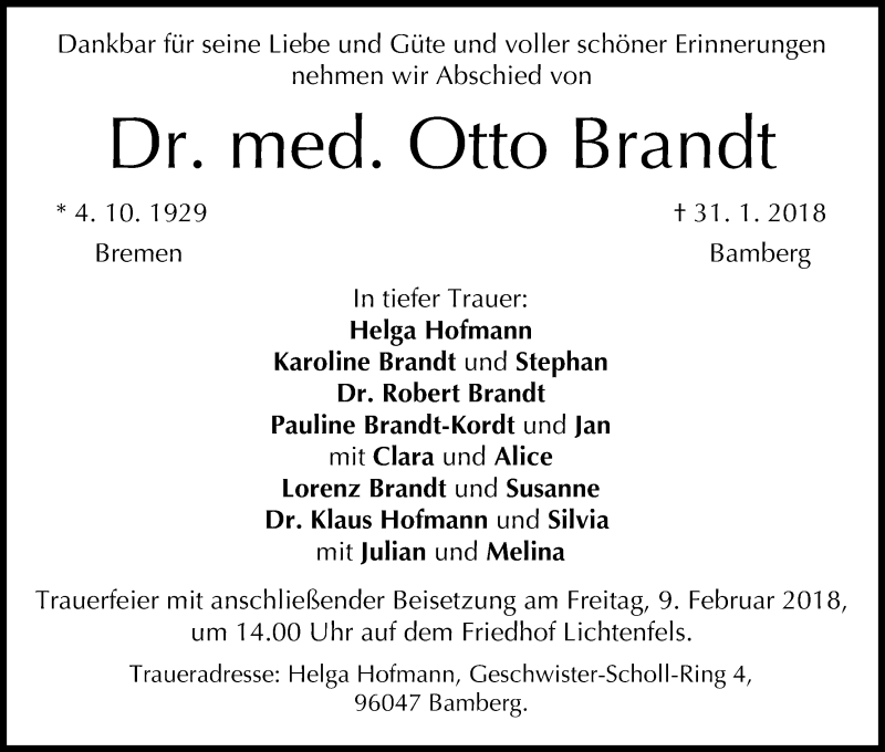  Traueranzeige für Otto Brandt vom 03.02.2018 aus MGO