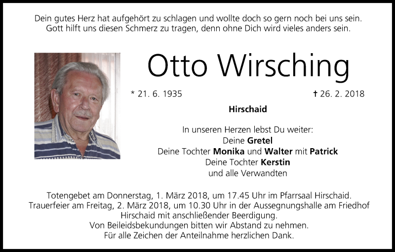  Traueranzeige für Otto Wirsching vom 28.02.2018 aus MGO