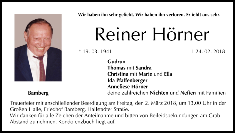  Traueranzeige für Reiner Hörner vom 27.02.2018 aus MGO