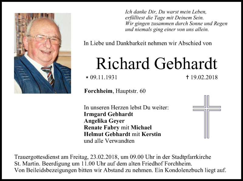  Traueranzeige für Richard Gebhardt vom 21.02.2018 aus MGO