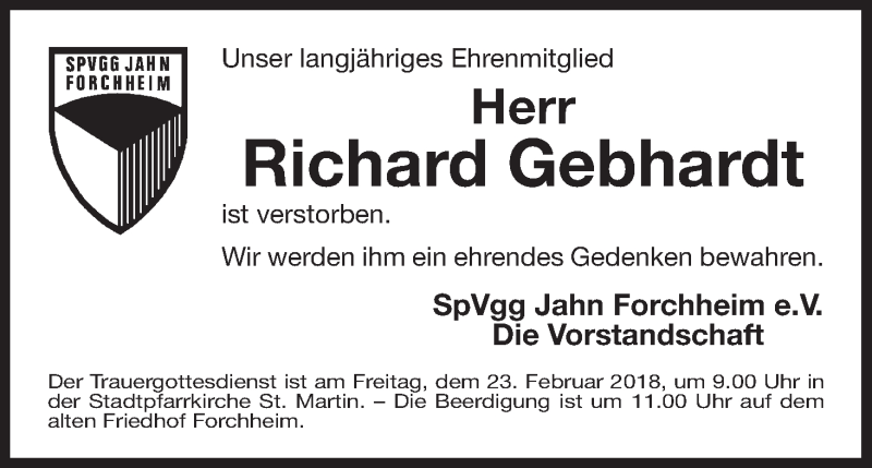  Traueranzeige für Richard Gebhardt vom 22.02.2018 aus MGO