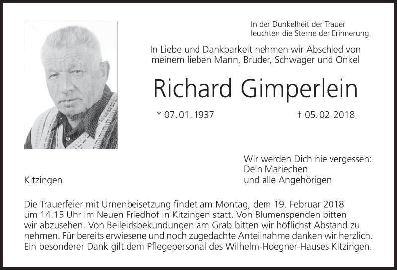  Traueranzeige für Richard Gimperlein vom 15.02.2018 aus MGO