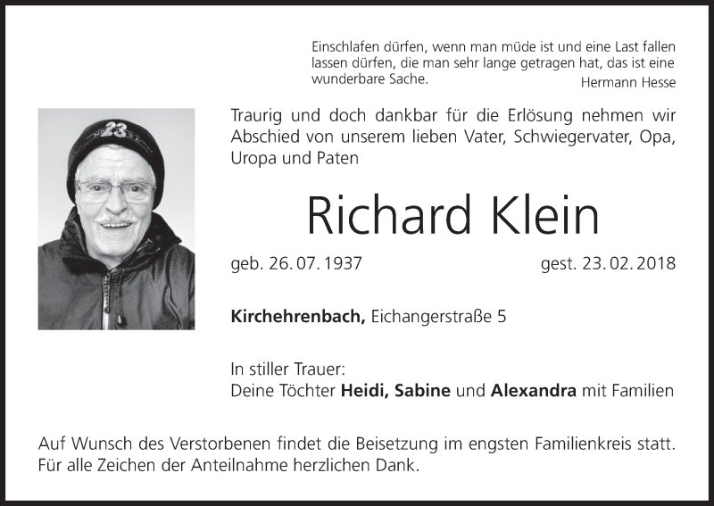  Traueranzeige für Richard Klein vom 28.02.2018 aus MGO