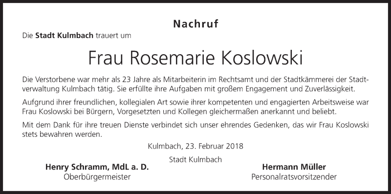  Traueranzeige für Rosemarie Koslowski vom 23.02.2018 aus MGO