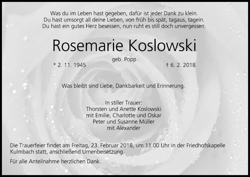  Traueranzeige für Rosemarie Koslowski vom 21.02.2018 aus MGO