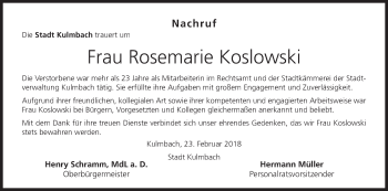 Anzeige von Rosemarie Koslowski von MGO