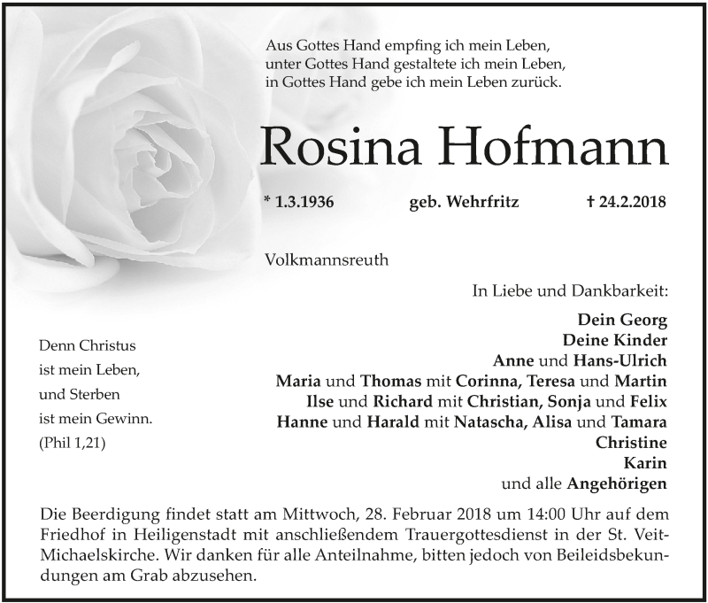  Traueranzeige für Rosina Hofmann vom 26.02.2018 aus MGO