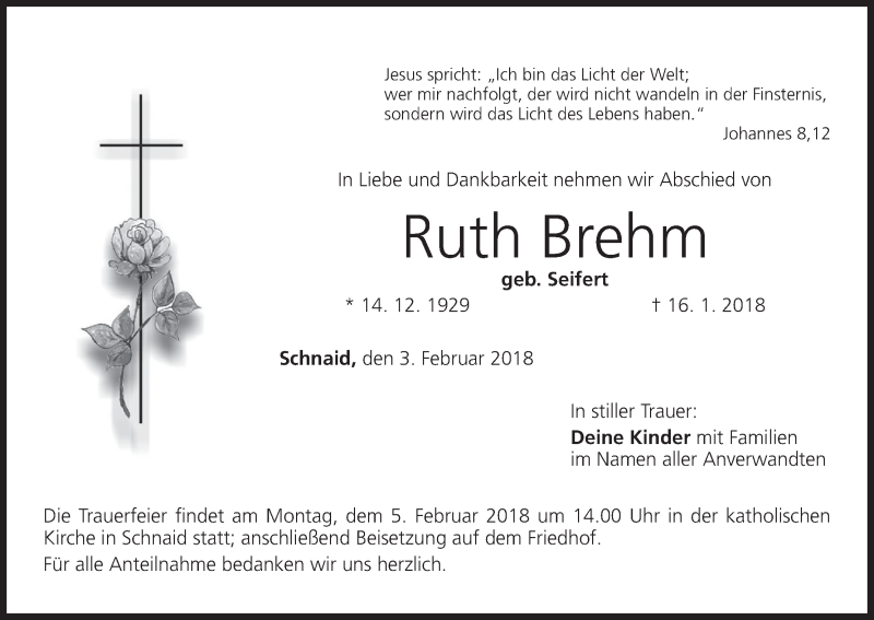  Traueranzeige für Ruth Brehm vom 03.02.2018 aus MGO