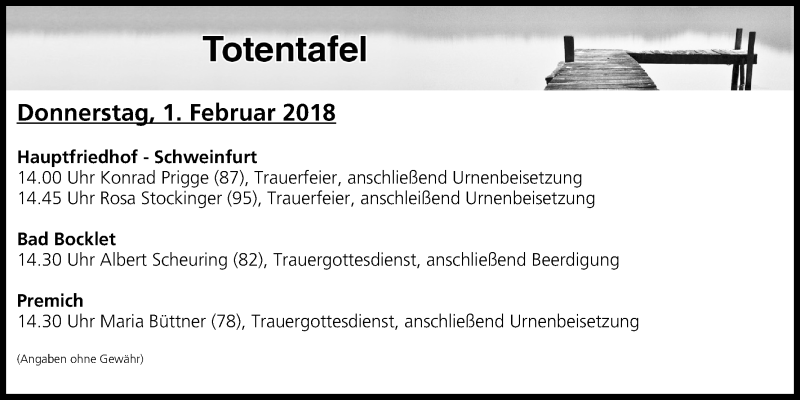  Traueranzeige für Totentafel vom 01.02.2018 vom 01.02.2018 aus MGO