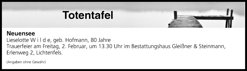  Traueranzeige für Totentafel vom 01.02.2018 vom 01.02.2018 aus MGO