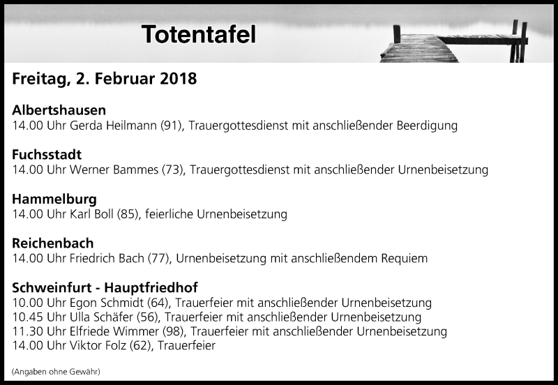  Traueranzeige für Totentafel vom 02.02.2018 vom 02.02.2018 aus MGO