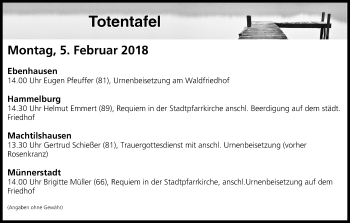 Anzeige von Totentafel vom 05.02.2018 von MGO