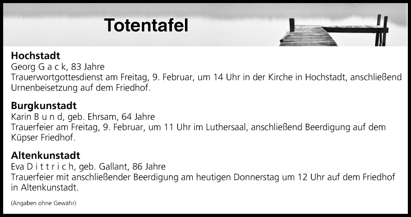  Traueranzeige für Totentafel vom 08.02.2018 vom 08.02.2018 aus MGO