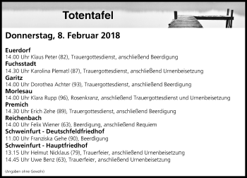 Anzeige von Totentafel vom 08.02.2018 von MGO