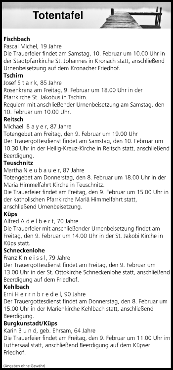Anzeige von Totentafel vom 08.02.2018 von MGO