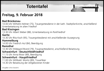 Anzeige von Totentafel vom 09.02.2018 von MGO