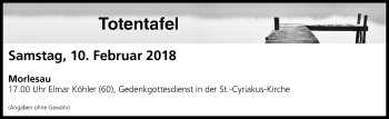 Anzeige von Totentafel vom 10.02.2018 von MGO