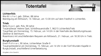 Anzeige von Totentafel vom 13.02.2018 von MGO