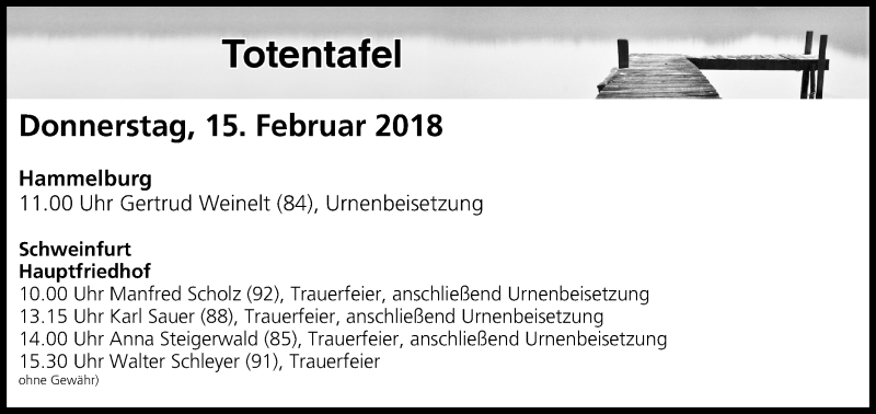 Traueranzeige für Totentafel vom 15.02.2018 vom 15.02.2018 aus MGO