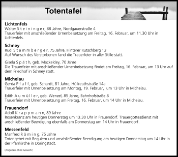 Anzeige von Totentafel vom 15.02.2018 von MGO