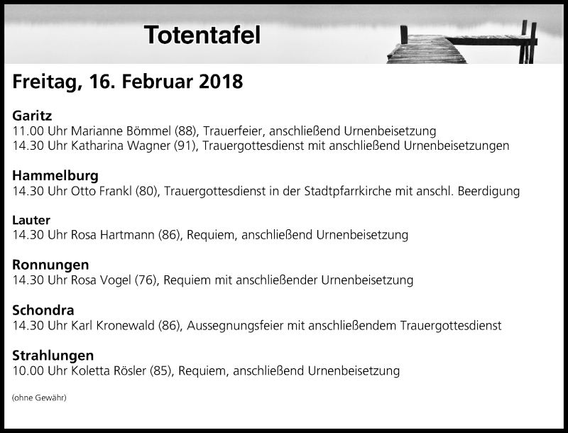  Traueranzeige für Totentafel vom 16.02.2018 vom 16.02.2018 aus MGO