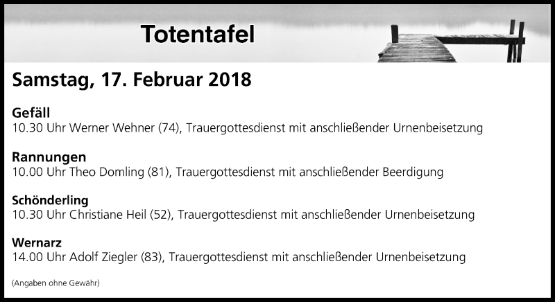  Traueranzeige für Totentafel vom 17.02.2018 vom 17.02.2018 aus MGO