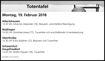 Anzeige von Totentafel vom 19.02.2018 von MGO