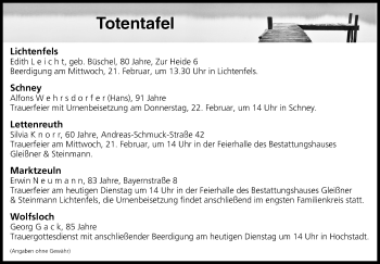 Anzeige von Totentafel vom 20.02.2018 von MGO