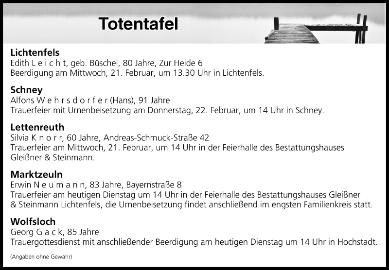  Traueranzeige für Totentafel vom 20.02.2018 vom 20.02.2018 aus MGO