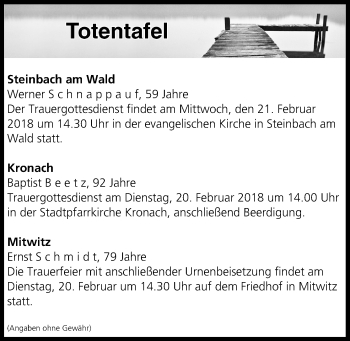 Anzeige von Totentafel vom 20.02.2018 von MGO